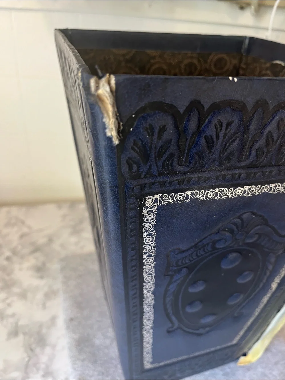 Vintage Italian Florentine Wastebasket Faux Leather Dark Navy Blue Collapsible